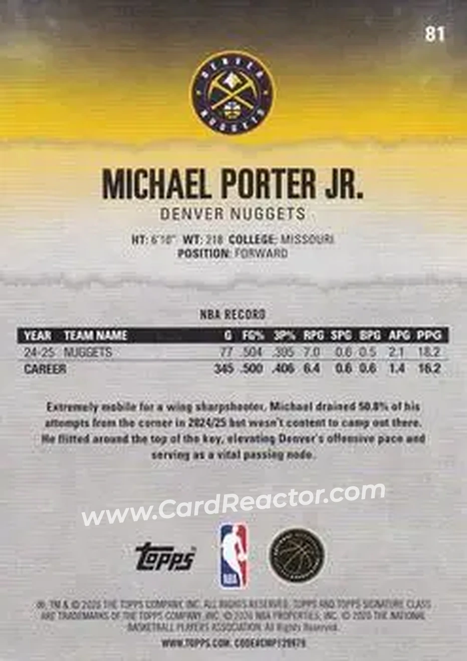 2025-26 Topps Signature Class #81 - Michael Porter Jr. - Denver Nuggets - Back 2025-26 Topps Signature Class #81 - Michael Porter Jr. - Denver Nuggets - Back