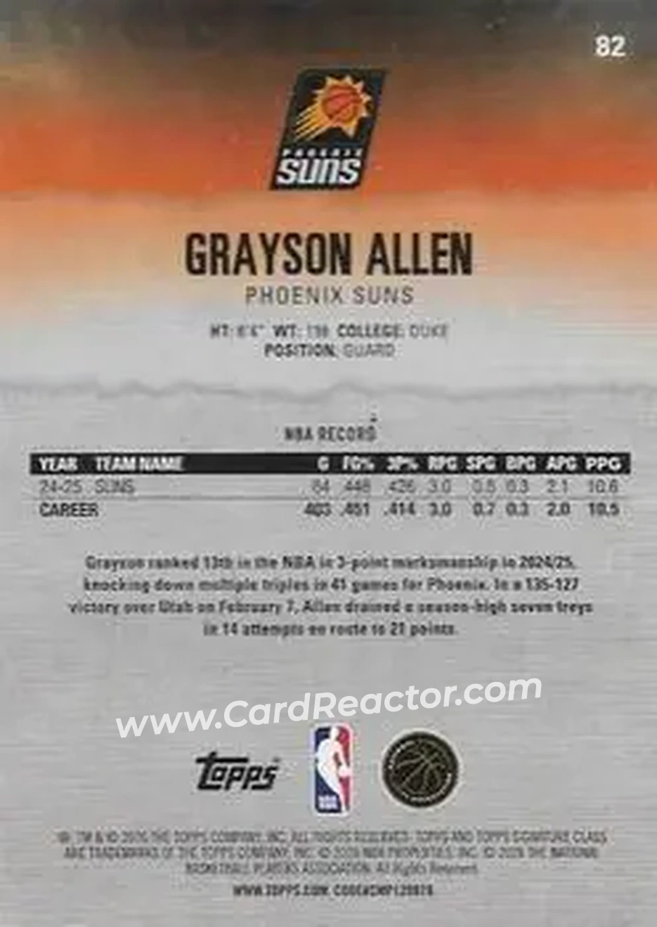 2025-26 Topps Signature Class #82 - Grayson Allen - Phoenix Suns - Back