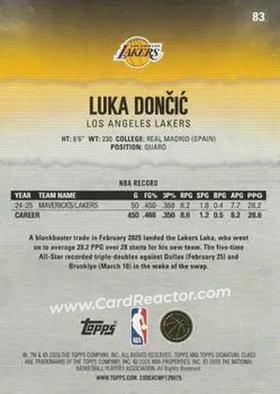 2025-26 Topps Signature Class #83 - Luka Dončić - Los Angeles Lakers - Back