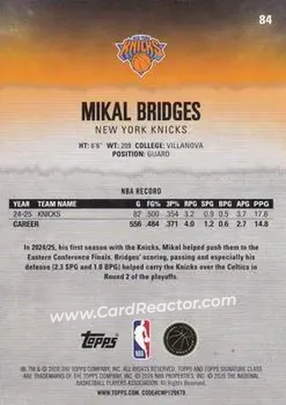 2025-26 Topps Signature Class #84 - Mikal Bridges - New York Knicks - Back
