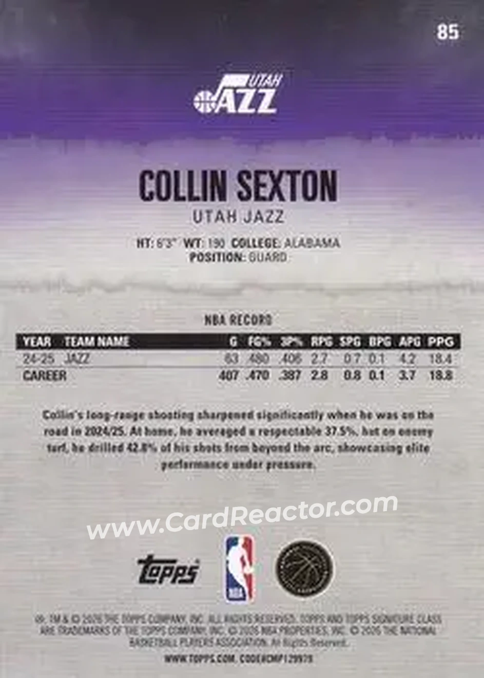 2025-26 Topps Signature Class #85 - Collin Sexton - Utah Jazz - Back