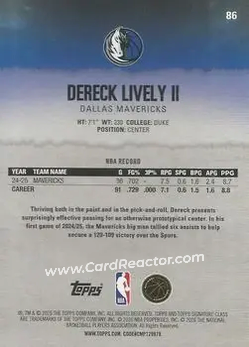 2025-26 Topps Signature Class #86 - Dereck Lively II - Dallas Mavericks - Back
