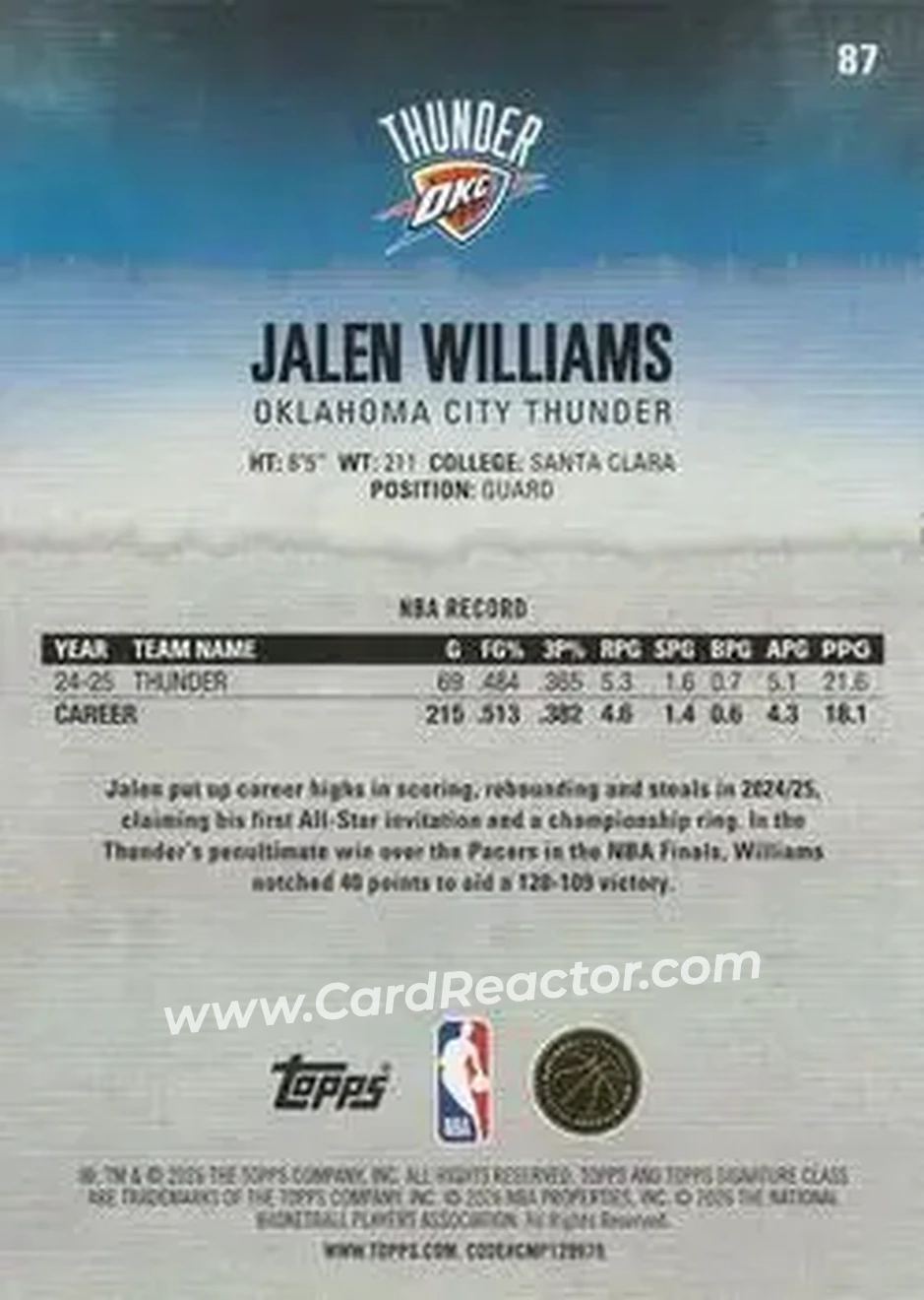 2025-26 Topps Signature Class #87 - Jalen Williams - Oklahoma City Thunder - Back