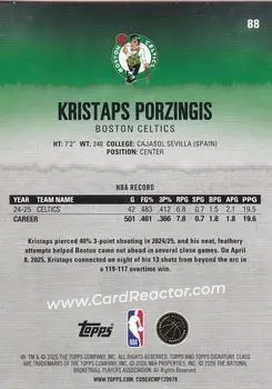 2025-26 Topps Signature Class #88 - Kristaps Porziņģis - Boston Celtics - Back 2025-26 Topps Signature Class #88 - Kristaps Porziņģis - Boston Celtics - Back