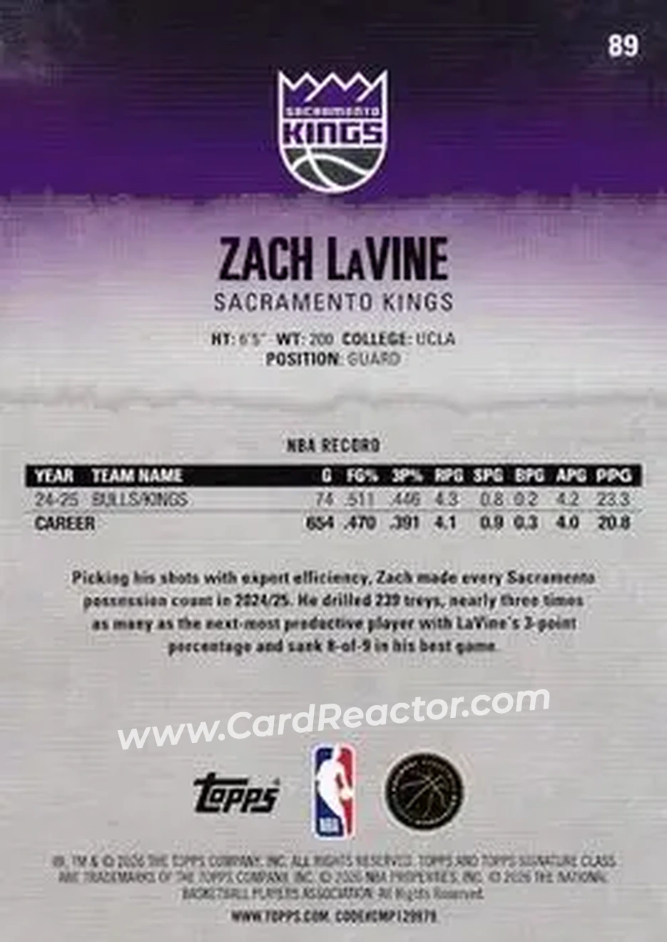 2025-26 Topps Signature Class #89 - Zach LaVine - Sacramento Kings - Back