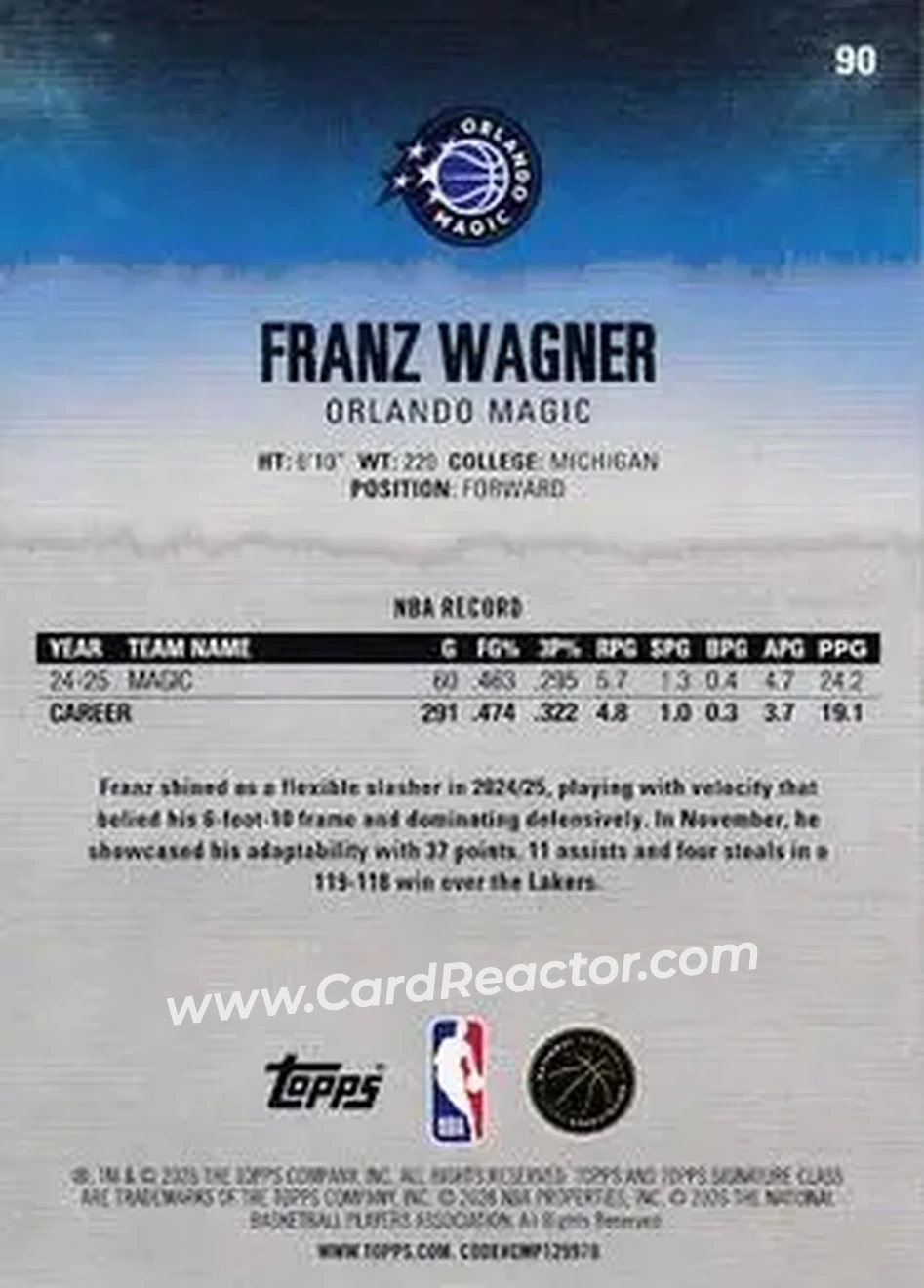 2025-26 Topps Signature Class #90 - Franz Wagner - Orlando Magic - Back