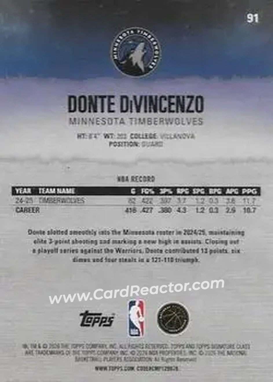 2025-26 Topps Signature Class #91 - Donte DiVincenzo - Minnesota Timberwolves - Back