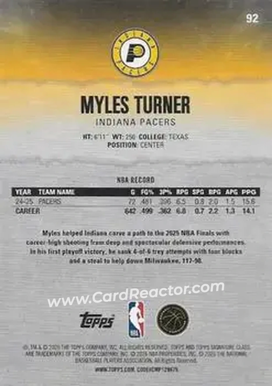 2025-26 Topps Signature Class #92 - Myles Turner - Indiana Pacers - Back