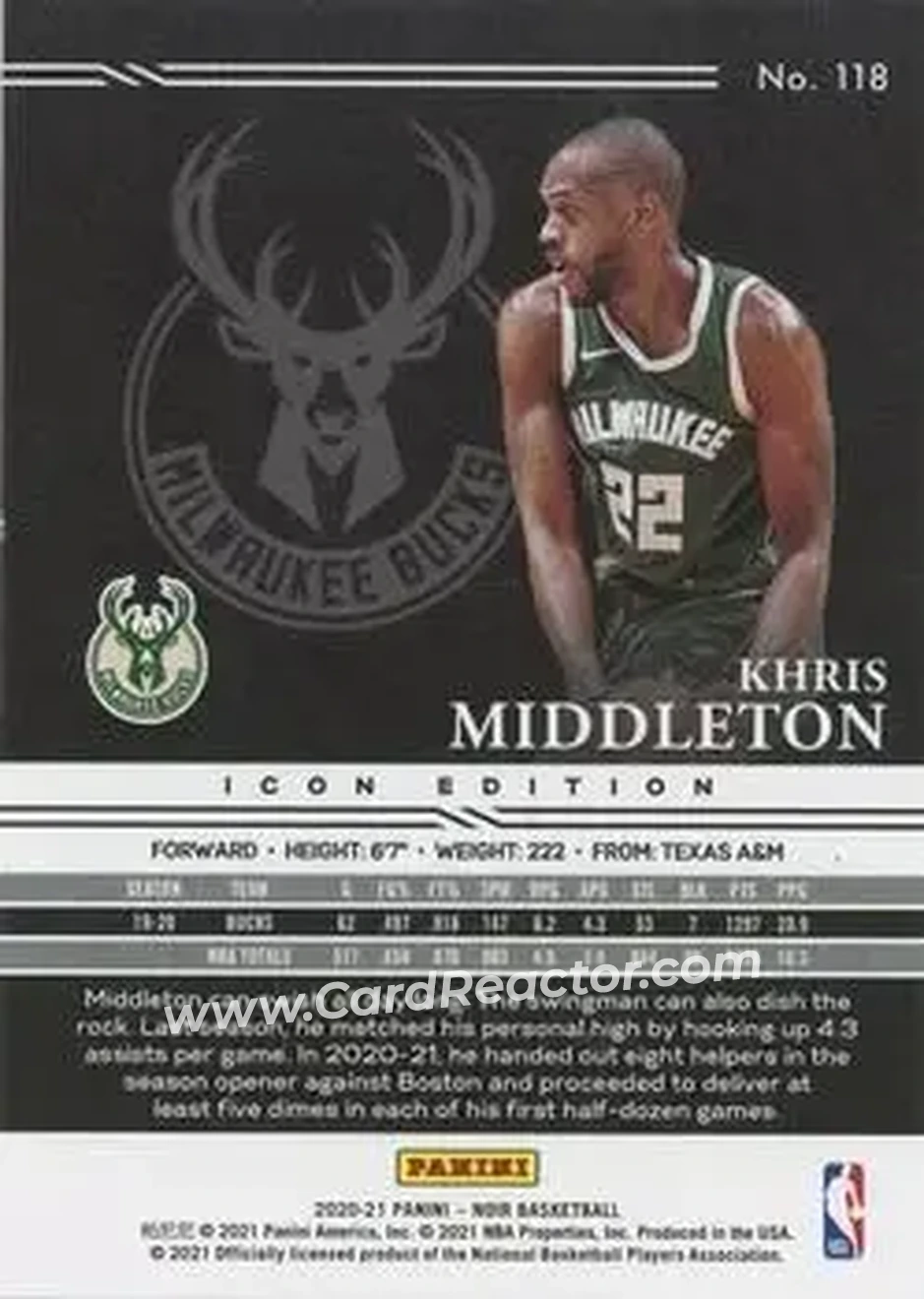 2020-21 Panini Noir #118 - Khris Middleton - Milwaukee Bucks - Back