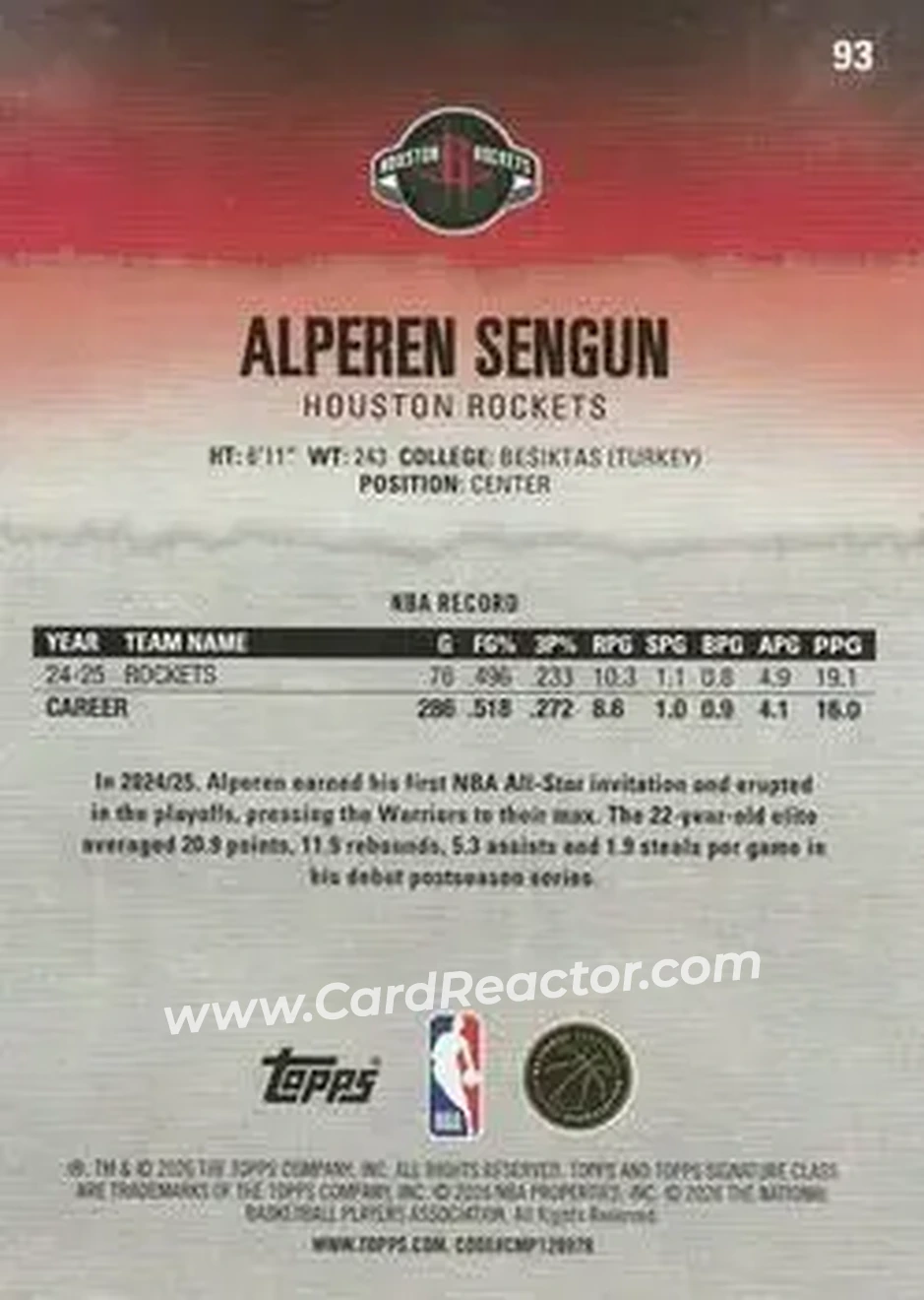 2025-26 Topps Signature Class #93 - Alperen Sengun - Houston Rockets - Back