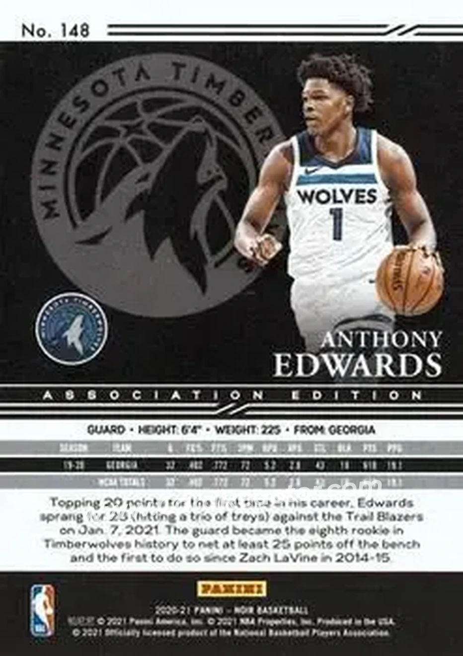 2020-21 Panini Noir #148 - Anthony Edwards - Minnesota Timberwolves - Back