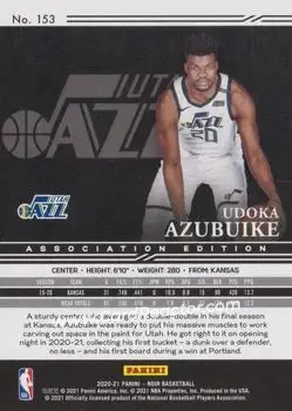 2020-21 Panini Noir #153 - Udoka Azubuike - Utah Jazz - Back