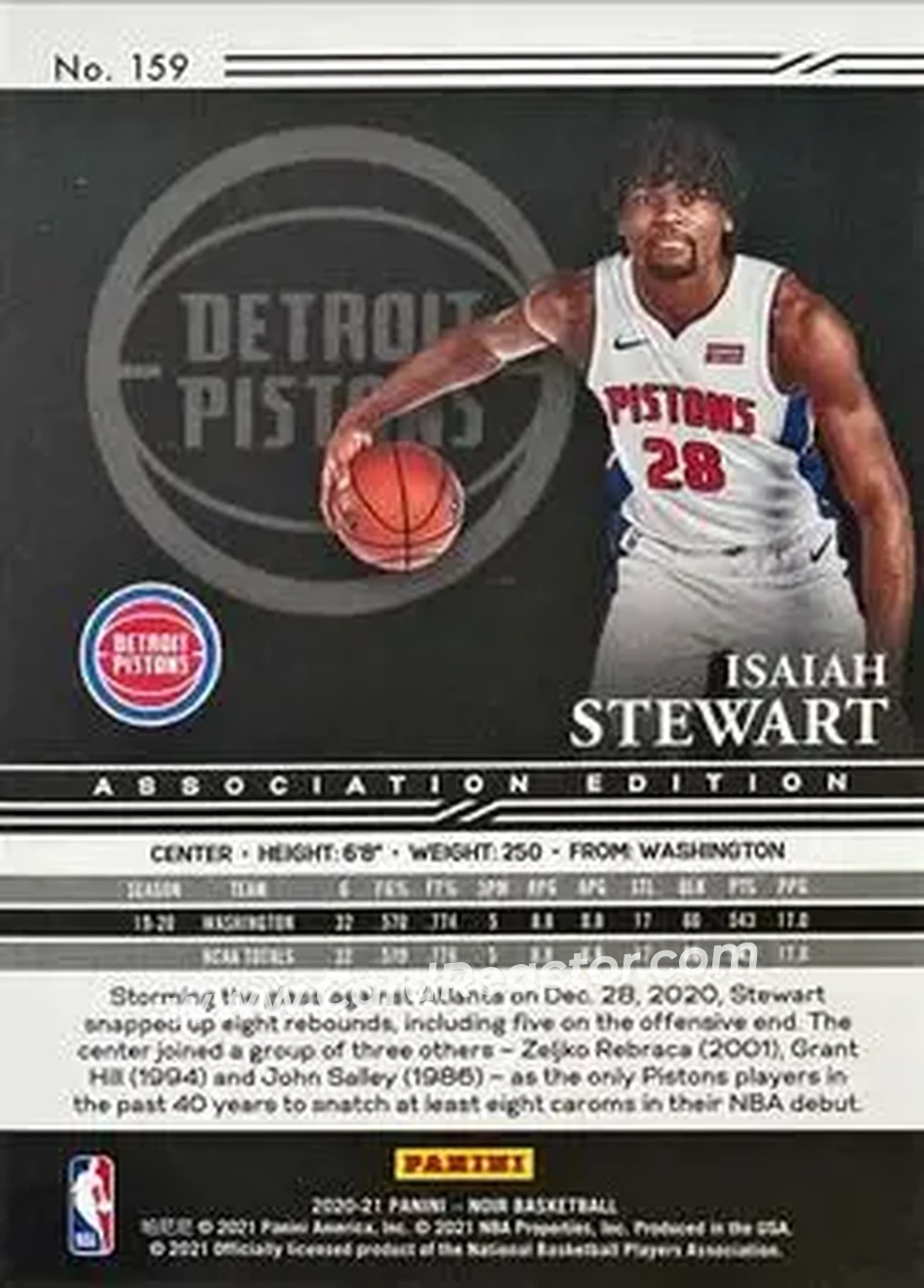 2020-21 Panini Noir #159 - Isaiah Stewart - Detroit Pistons - Back