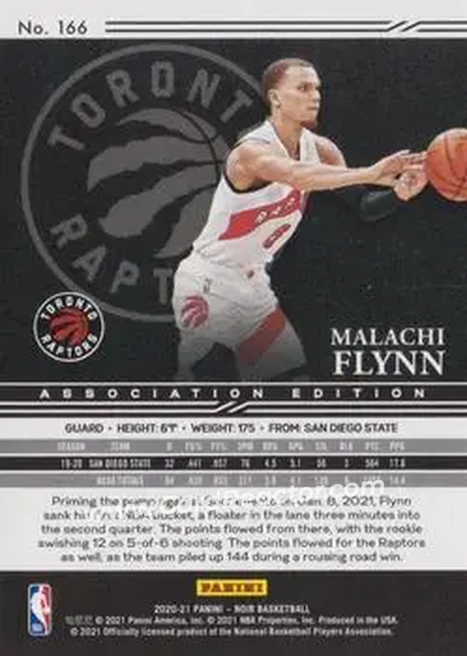 2020-21 Panini Noir #166 - Malachi Flynn - Toronto Raptors - Back