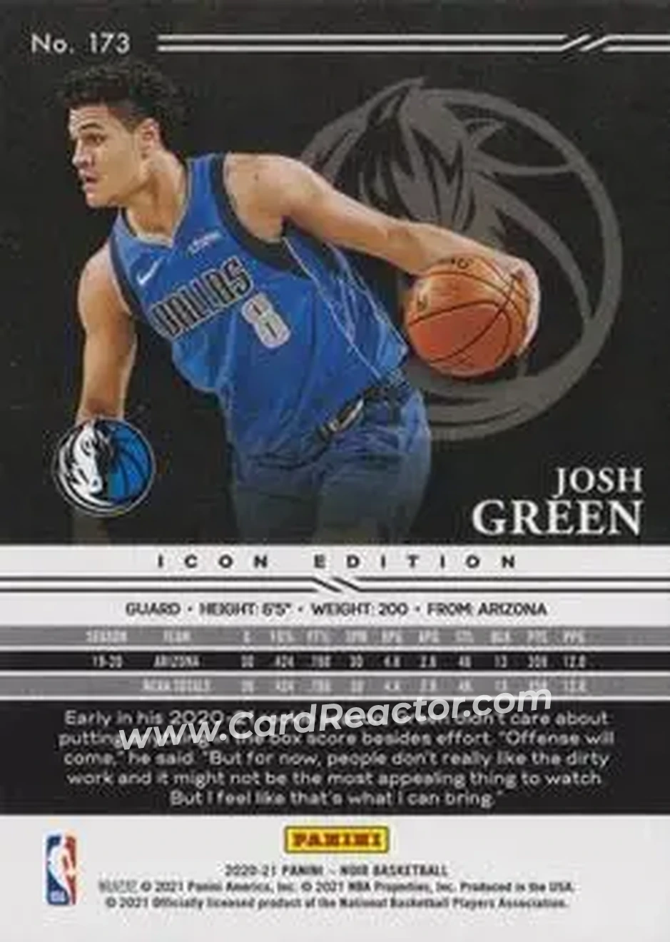 2020-21 Panini Noir #173 - Josh Green - Dallas Mavericks - Back