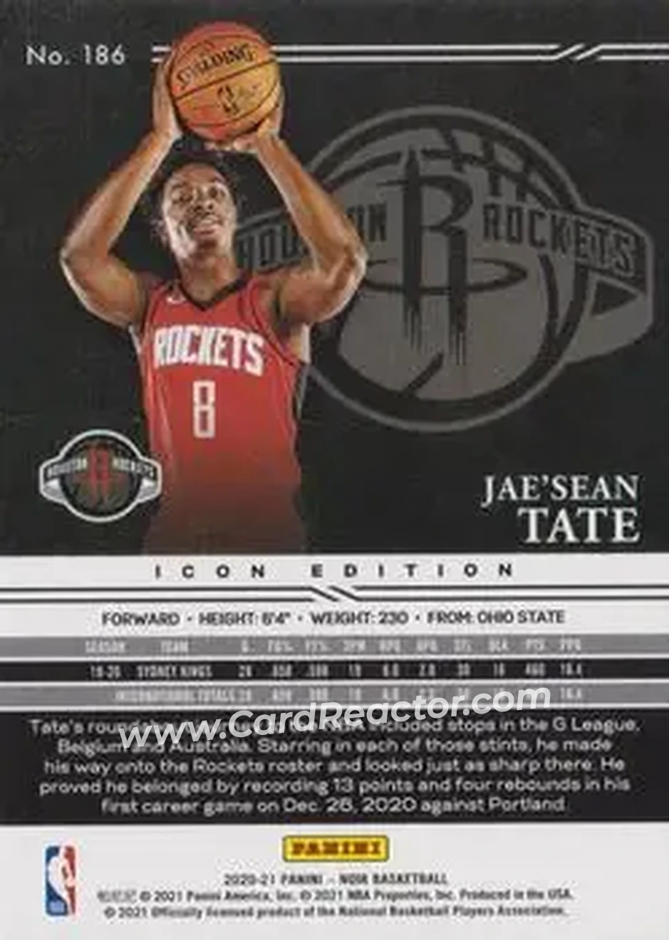 2020-21 Panini Noir #186 - Jae'Sean Tate - Houston Rockets - Back
