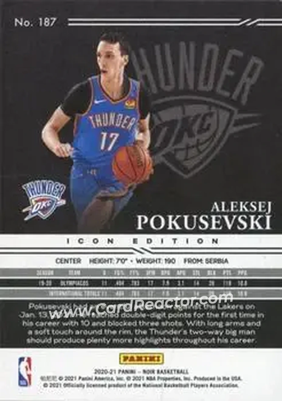 2020-21 Panini Noir #187 - Aleksej Pokusevski - Oklahoma City Thunder - Back
