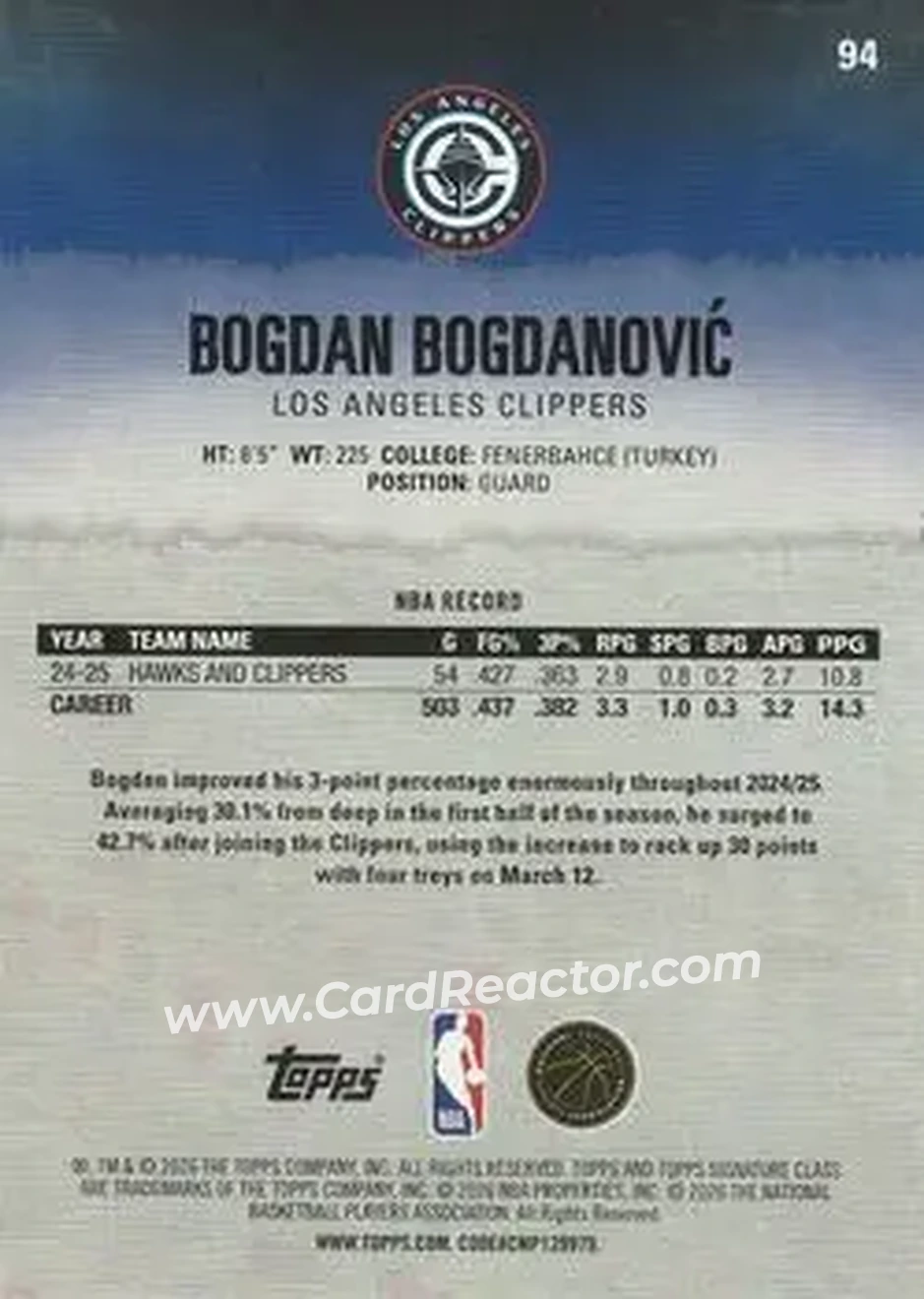 2025-26 Topps Signature Class #94 - Bogdan Bogdanović - Los Angeles Clippers - Back