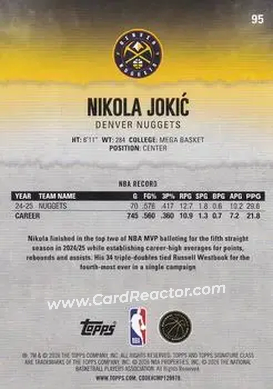 2025-26 Topps Signature Class #95 - Nikola Jokić - Denver Nuggets - Back