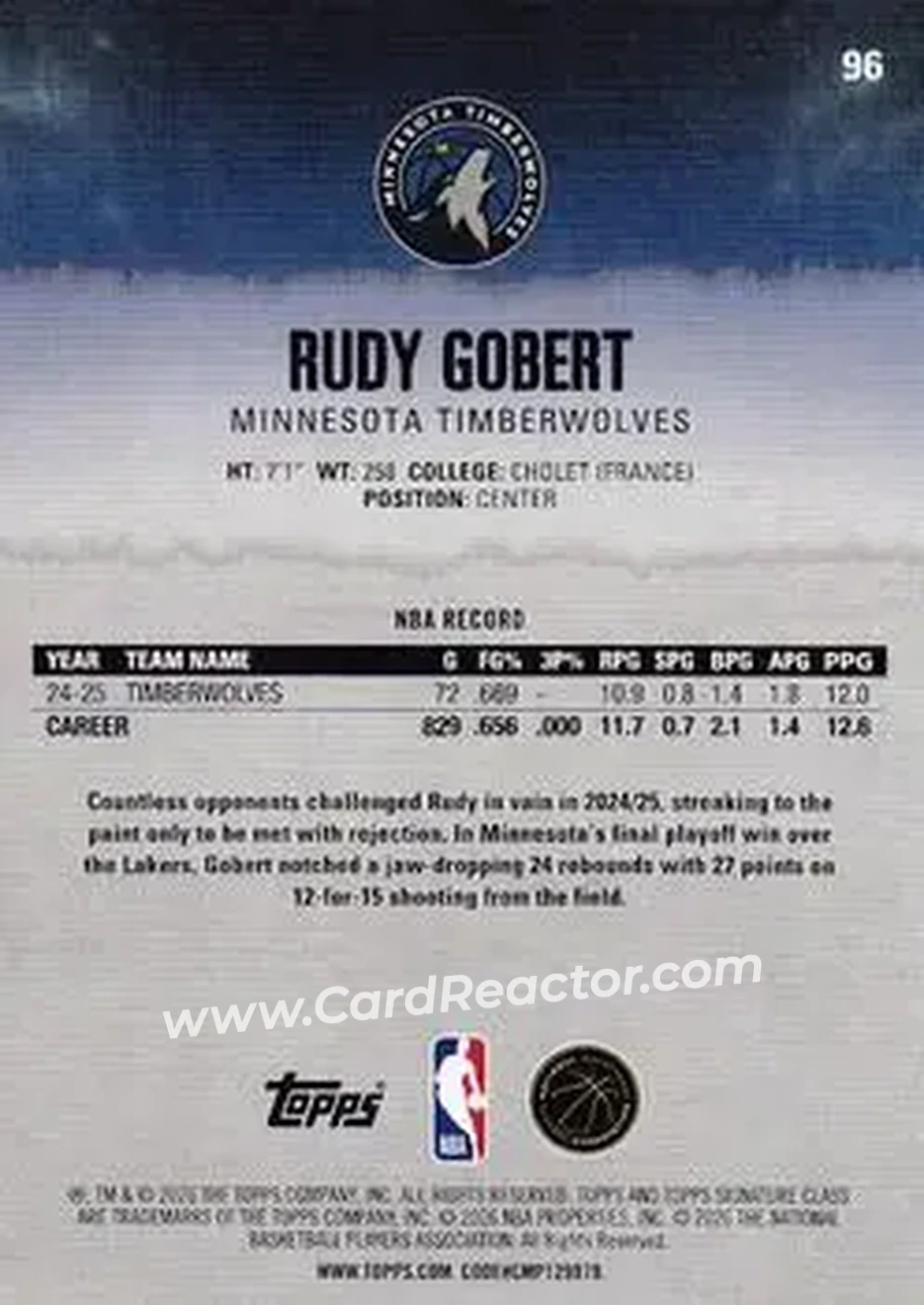 2025-26 Topps Signature Class #96 - Rudy Gobert - Minnesota Timberwolves - Back