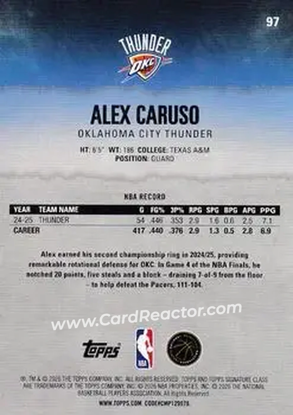 2025-26 Topps Signature Class #97 - Alex Caruso - Oklahoma City Thunder - Back