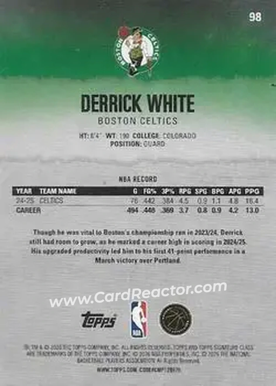 2025-26 Topps Signature Class #98 - Derrick White - Boston Celtics - Back 2025-26 Topps Signature Class #98 - Derrick White - Boston Celtics - Back