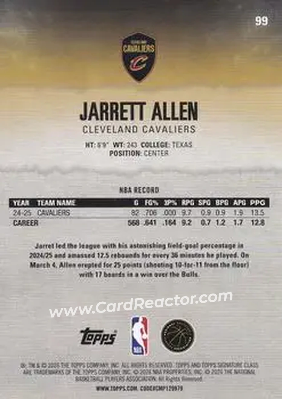 2025-26 Topps Signature Class #99 - Jarrett Allen - Cleveland Cavaliers - Back 2025-26 Topps Signature Class #99 - Jarrett Allen - Cleveland Cavaliers - Back