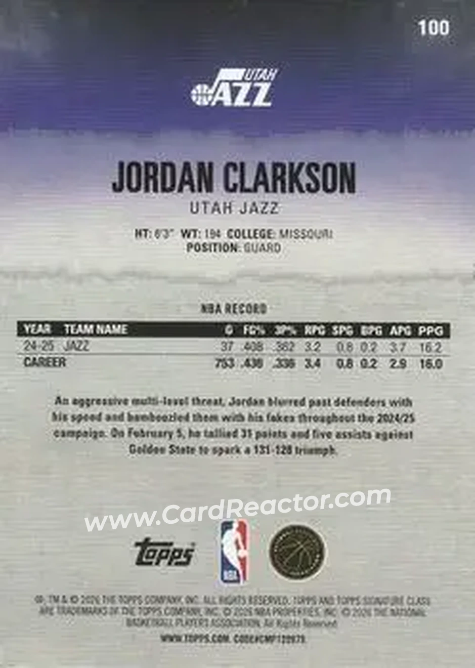 2025-26 Topps Signature Class #100 - Jordan Clarkson - Utah Jazz - Back