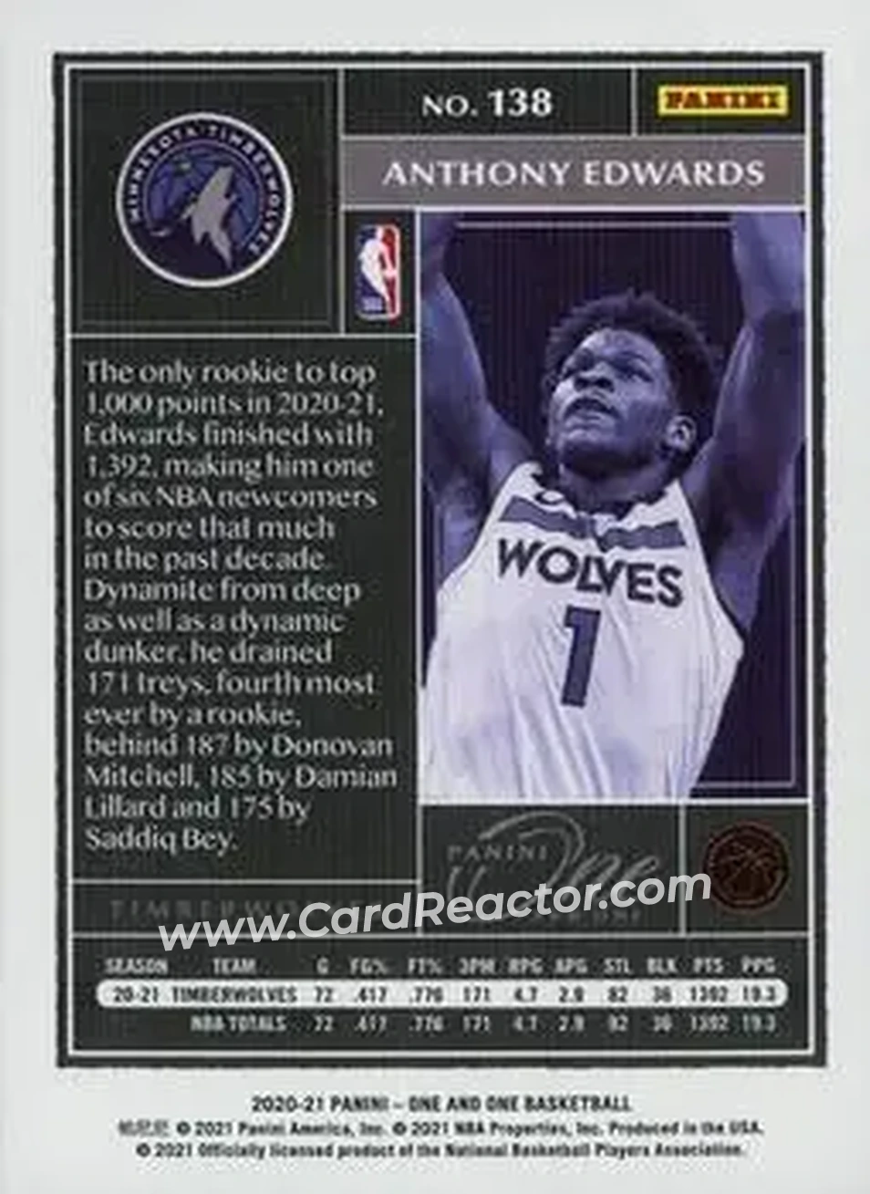 2020-21 Panini One and One #138 - Anthony Edwards - Minnesota Timberwolves - Back