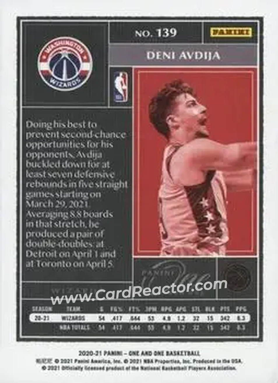 2020-21 Panini One and One #139 - Deni Avdija - Washington Wizards - Back