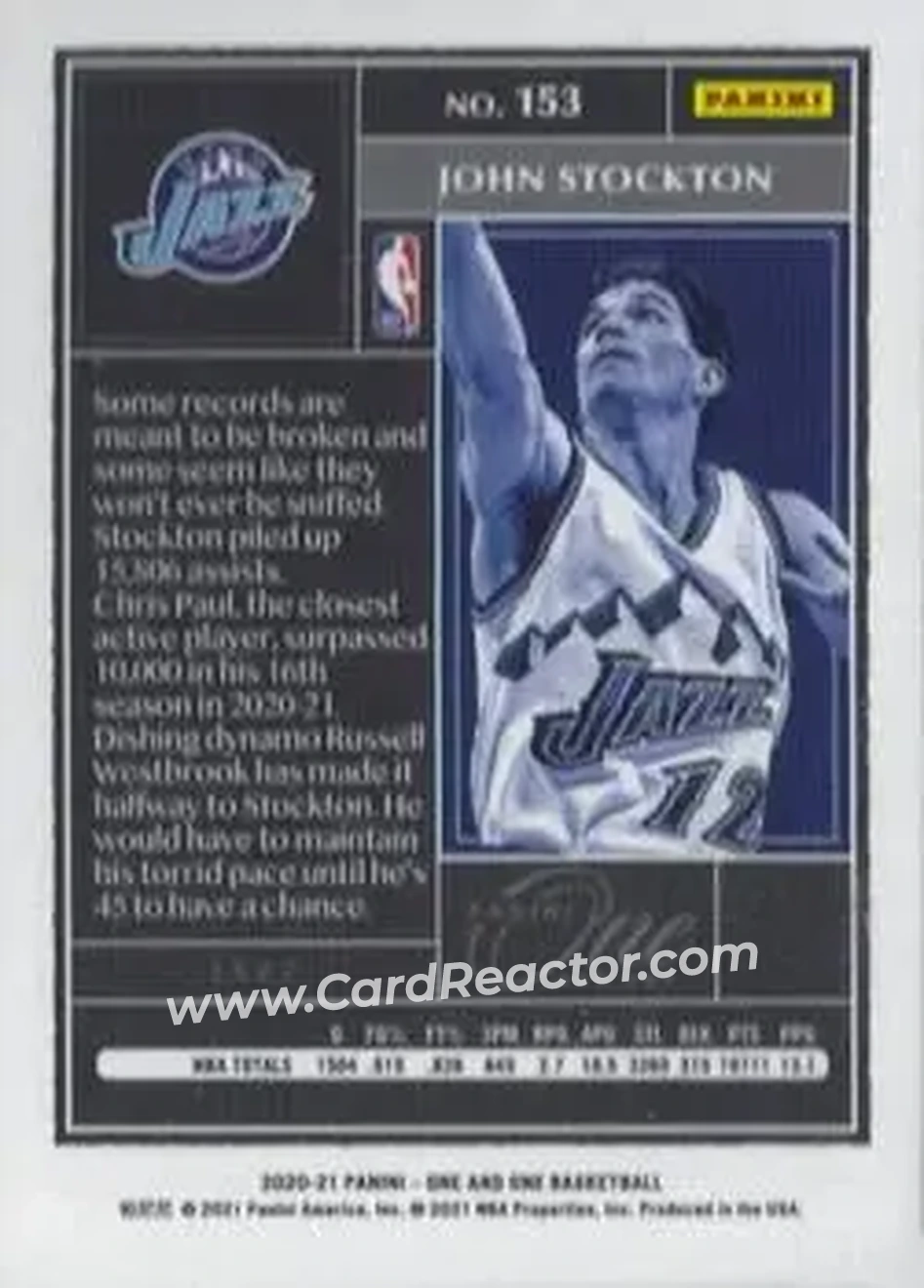 2020-21 Panini One and One #153 - John Stockton - Utah Jazz - Back