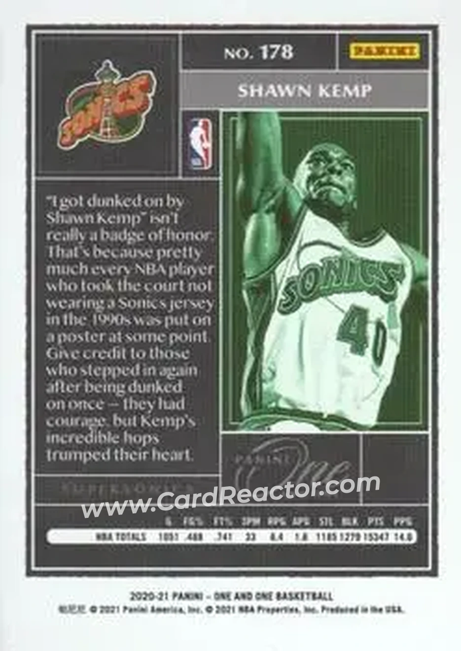 2020-21 Panini One and One #178 - Shawn Kemp - Seattle SuperSonics - Back