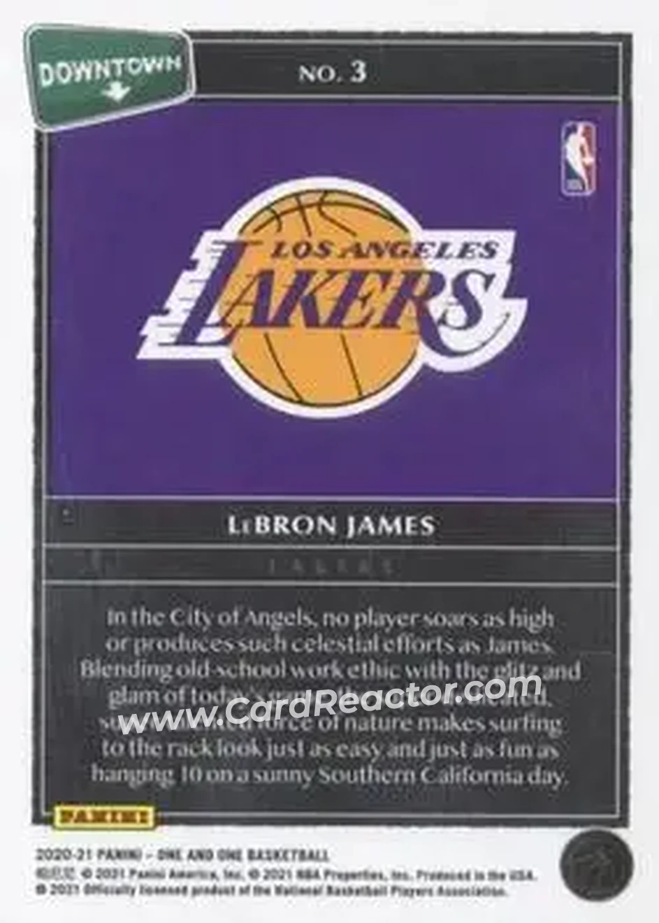 2020-21 Panini One and One - Downtown #3 - LeBron James - Los Angeles Lakers - Back 2020-21 Panini One and One - Downtown #3 - LeBron James - Los Angeles Lakers - Back