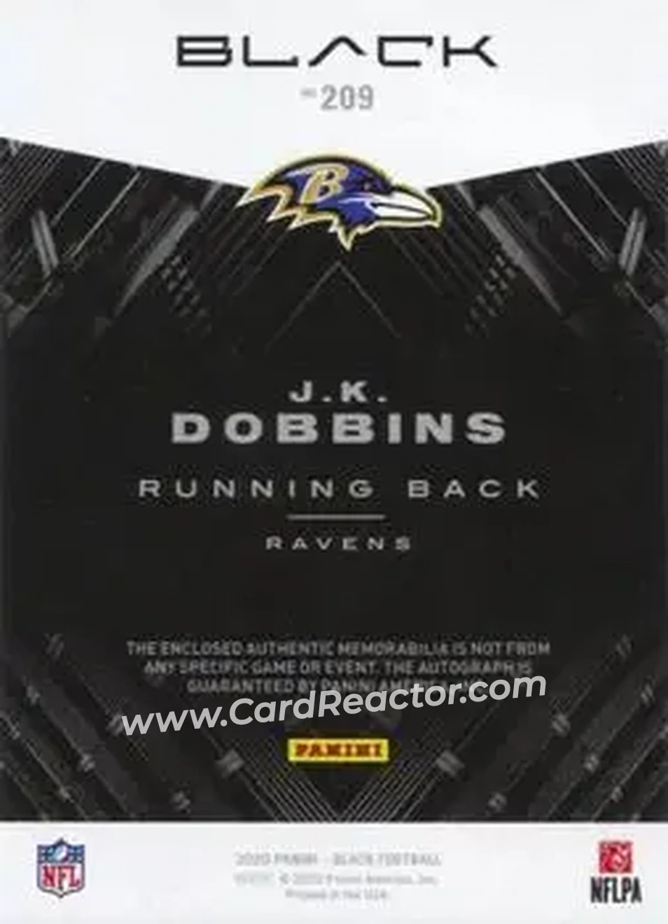 2020 Panini Black #209 - J.K. Dobbins - Baltimore Ravens - Back