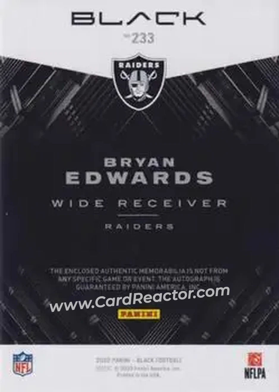 2020 Panini Black #233 - Bryan Edwards - Las Vegas Raiders - Back 2020 Panini Black #233 - Bryan Edwards - Las Vegas Raiders - Back