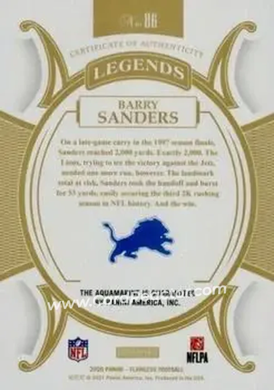 2020 Panini Flawless - Aquamarine #86 - Barry Sanders - Detroit Lions - Back