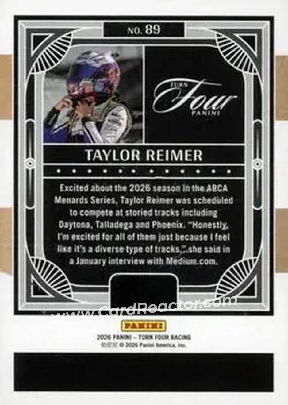 2026 Panini Turn Four - Platinum #89 - Taylor Reimer - Pinnacle Racing Group - Back