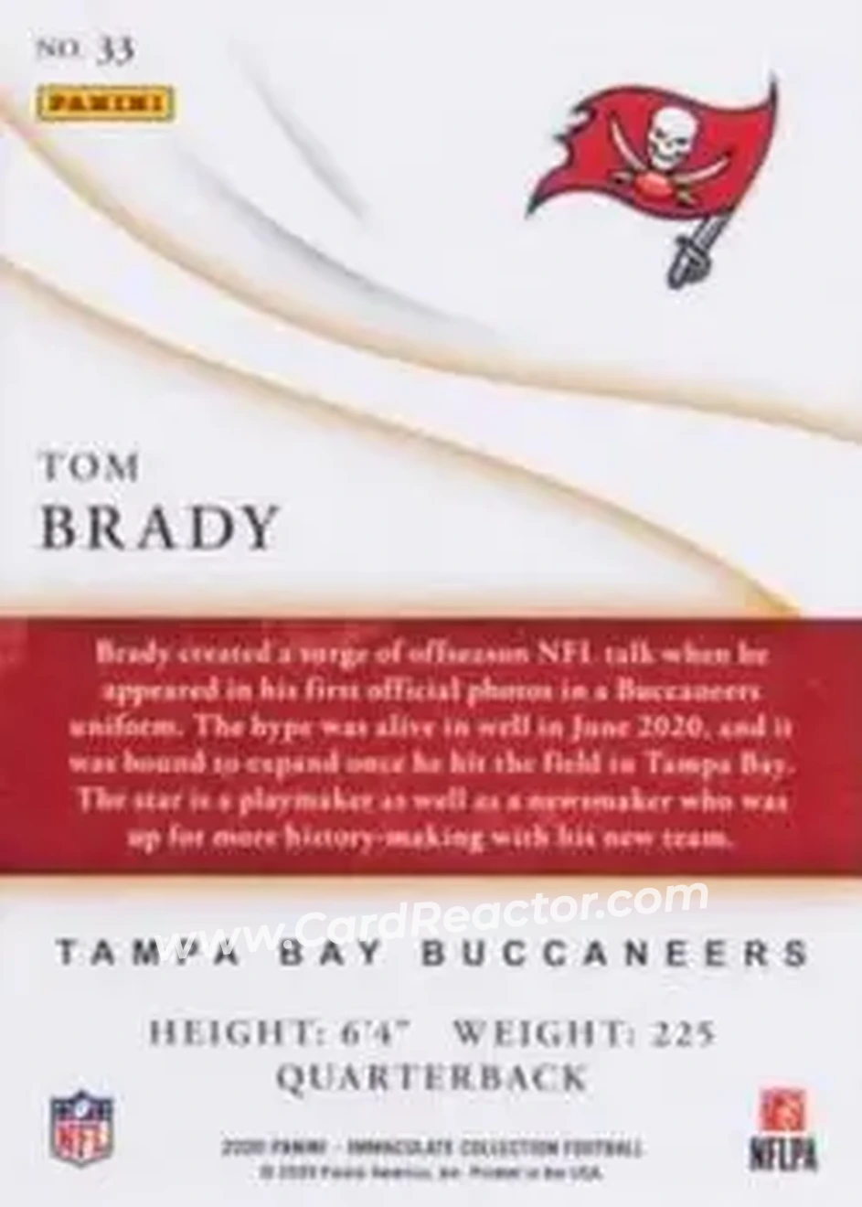 2020 Panini Immaculate Collection - Platinum #33 - Tom Brady - Tampa Bay Buccaneers - Back