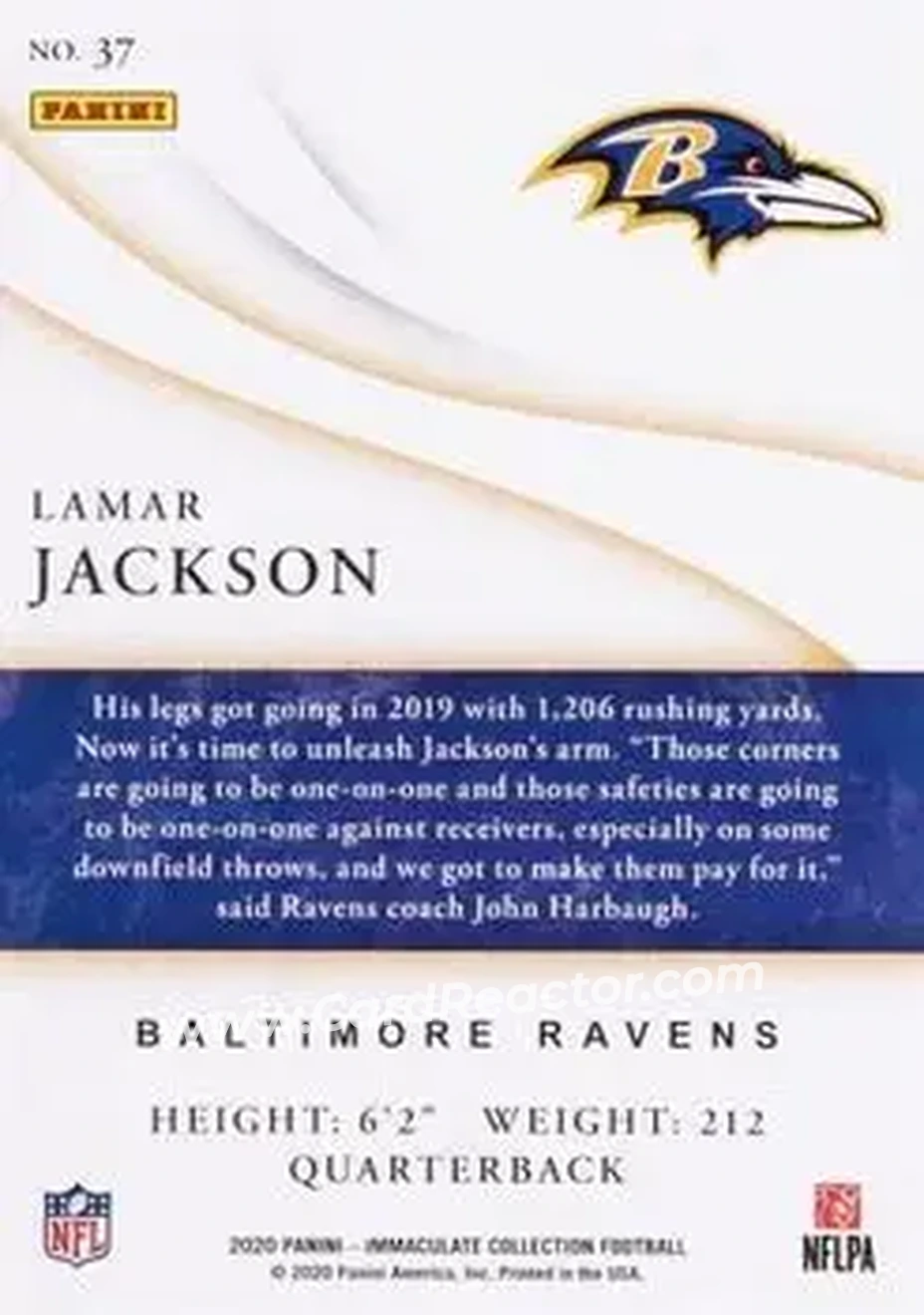 2020 Panini Immaculate Collection - Platinum #37 - Lamar Jackson - Baltimore Ravens - Back 2020 Panini Immaculate Collection - Platinum #37 - Lamar Jackson - Baltimore Ravens - Back