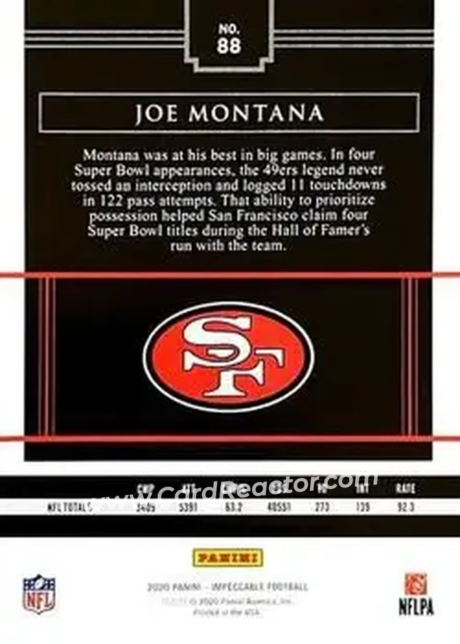 2020 Panini Impeccable - Emerald #88 - Joe Montana - San Francisco 49ers - Back