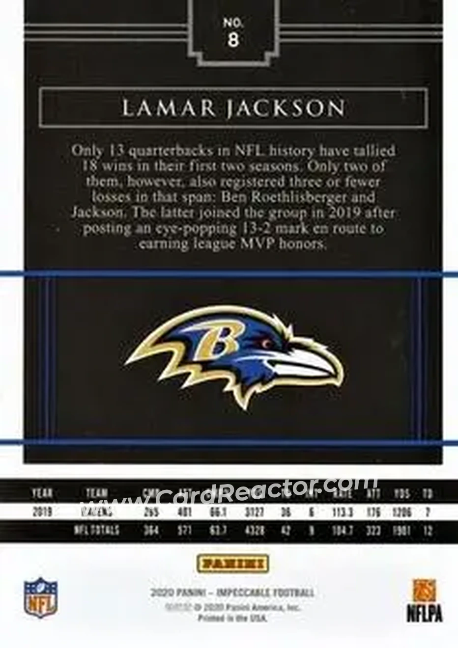 2020 Panini Impeccable - Gold #8 - Lamar Jackson - Baltimore Ravens - Back