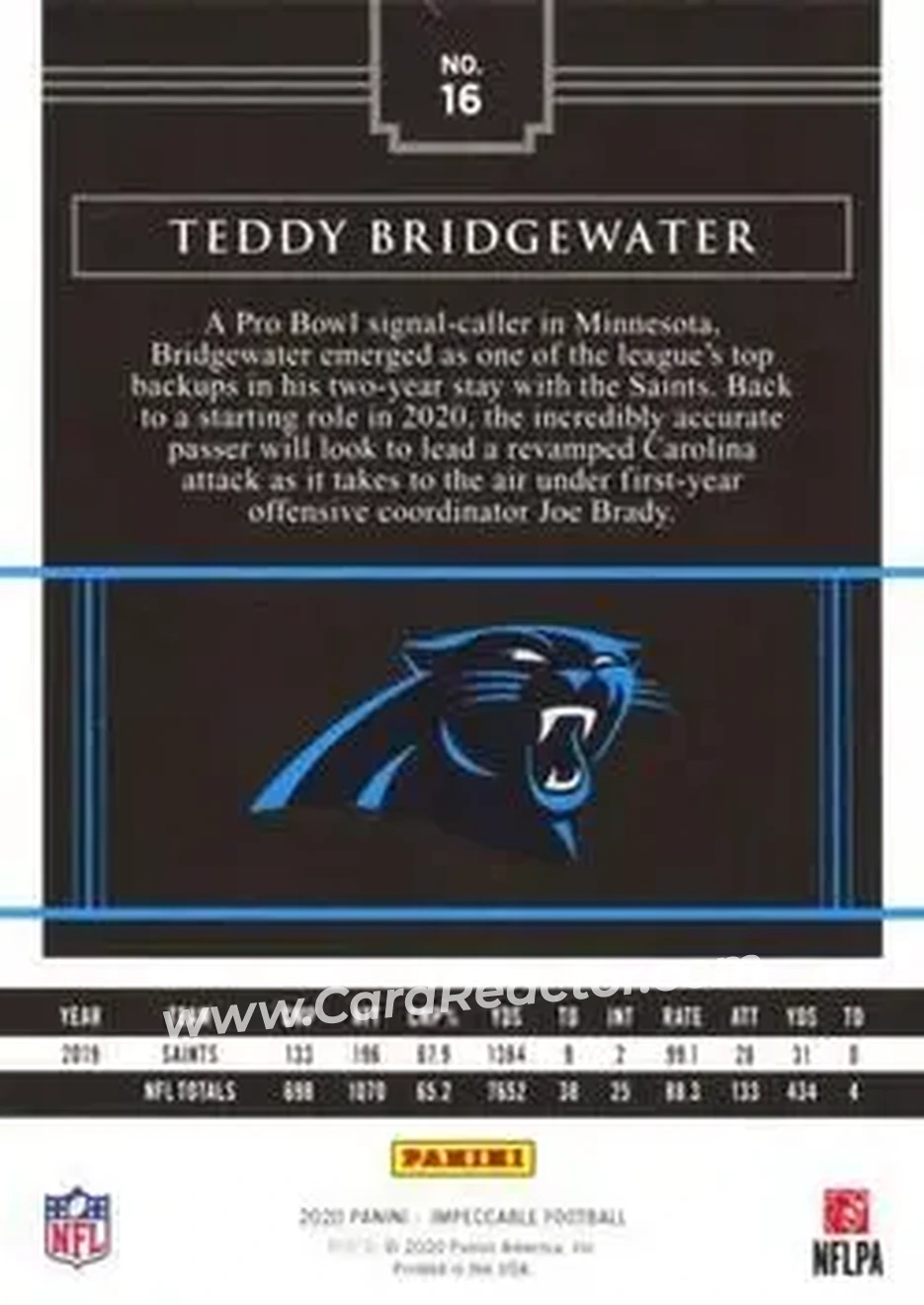 2020 Panini Impeccable - Gold #16 - Teddy Bridgewater - Carolina Panthers - Back