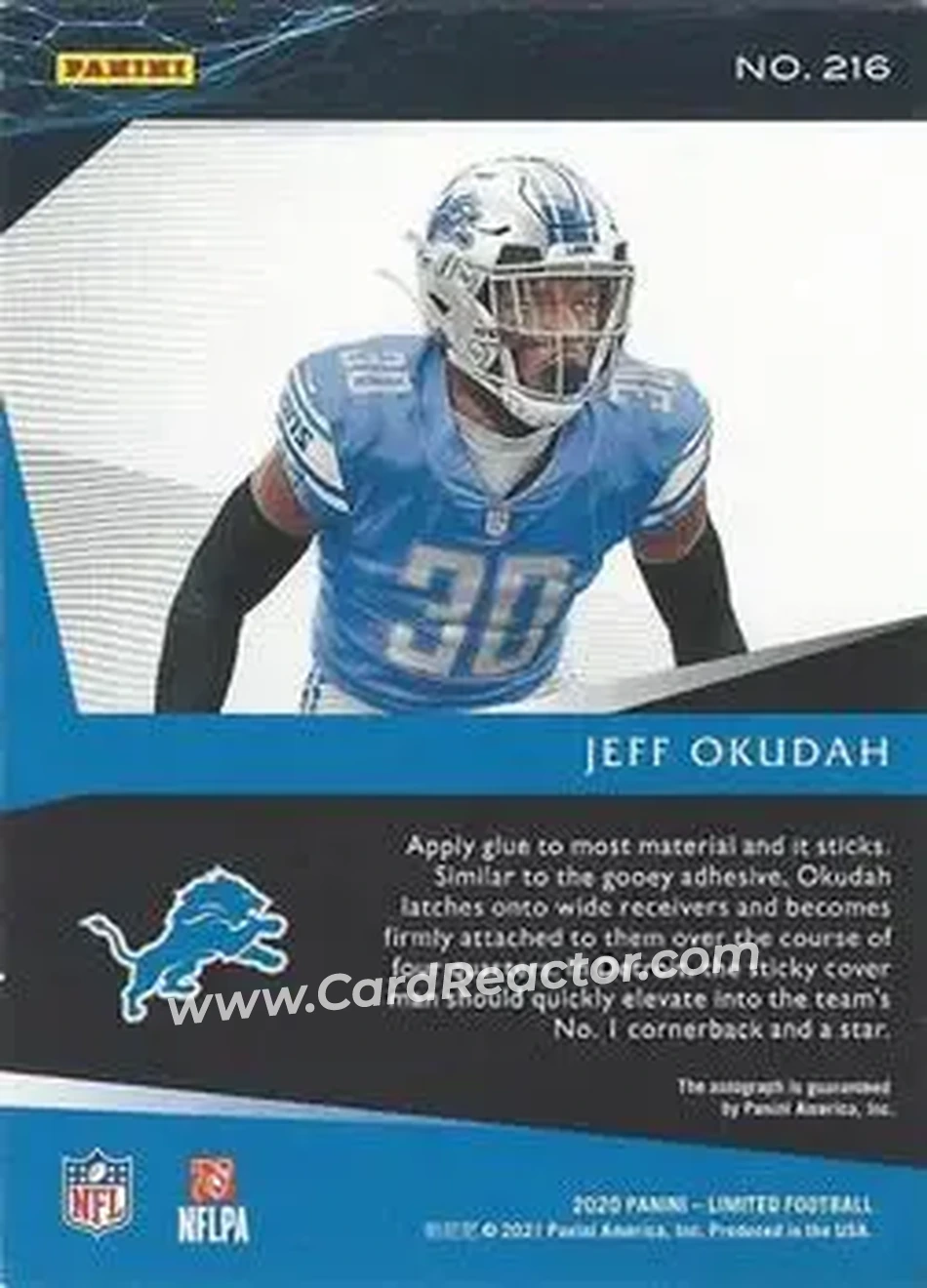 2020 Panini Limited #216 - Jeff Okudah - Detroit Lions - Back