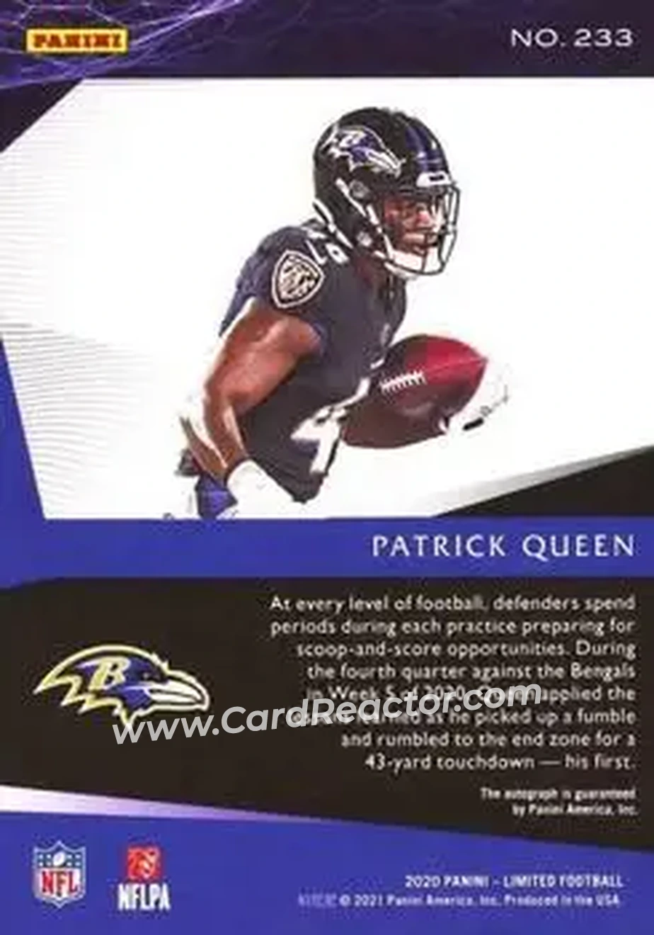 2020 Panini Limited #233 - Patrick Queen - Baltimore Ravens - Back