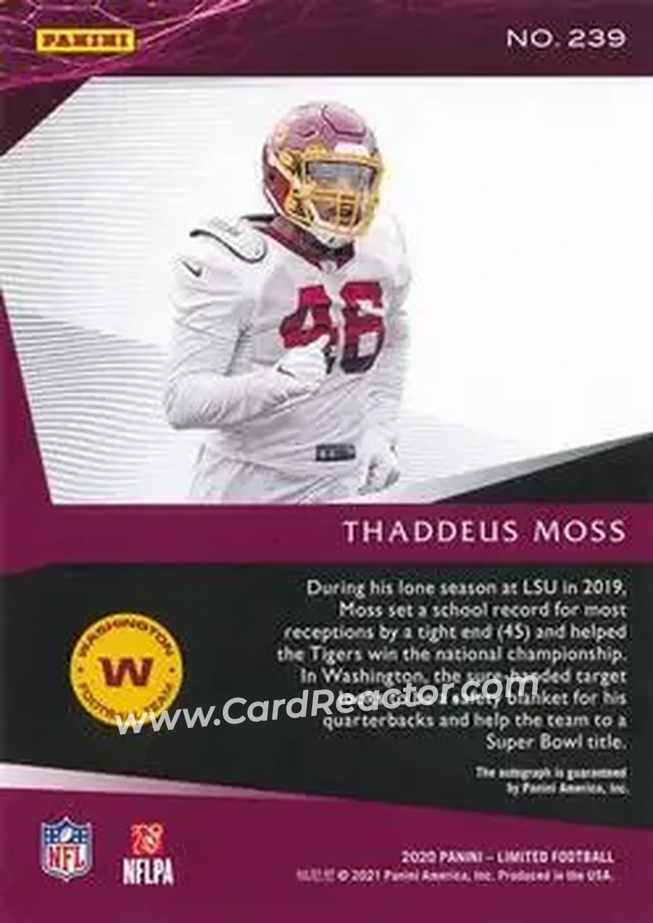 2020 Panini Limited #239 - Thaddeus Moss - Washington Football Team - Back