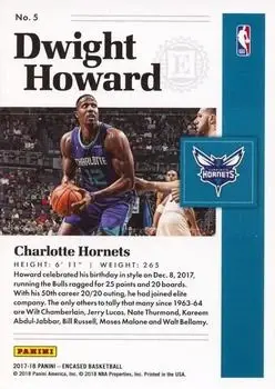 2017-18 Panini Encased #5 - Dwight Howard - Charlotte Hornets - Back
