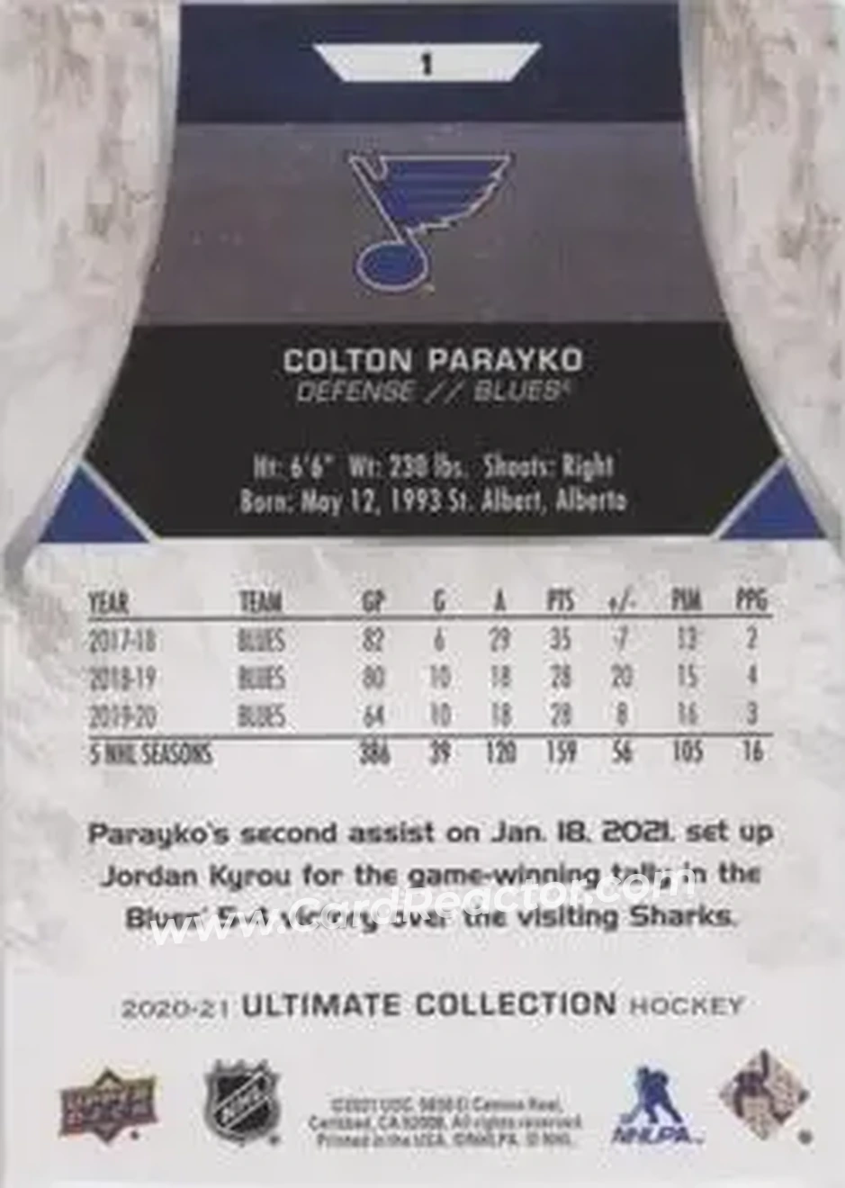 2020-21 Upper Deck Ultimate Collection #1 - Colton Parayko - St. Louis Blues - Back