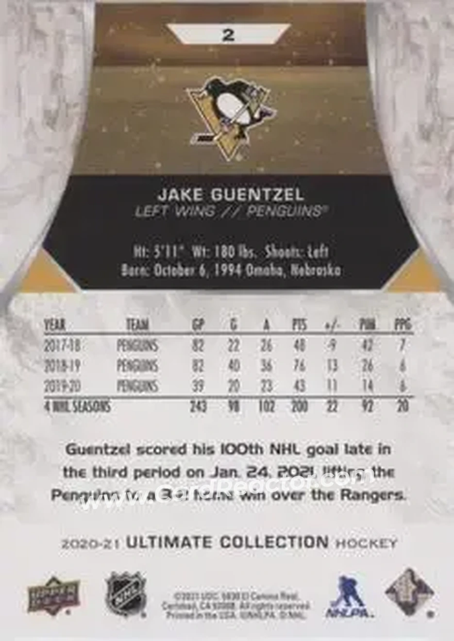 2020-21 Upper Deck Ultimate Collection #2 - Jake Guentzel - Pittsburgh Penguins - Back