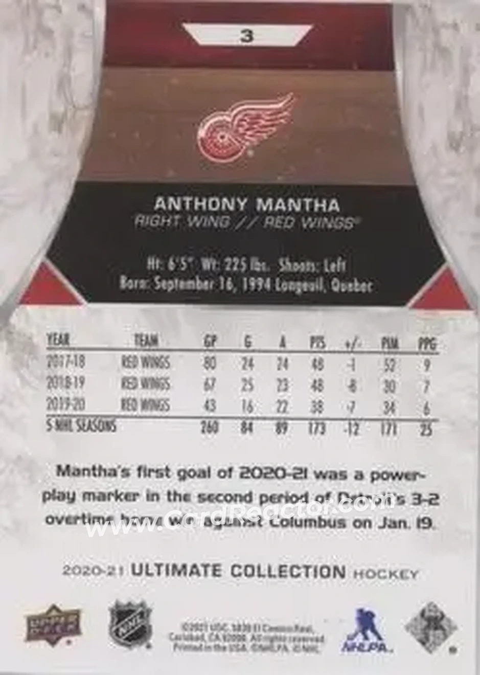 2020-21 Upper Deck Ultimate Collection #3 - Anthony Mantha - Detroit Red Wings - Back