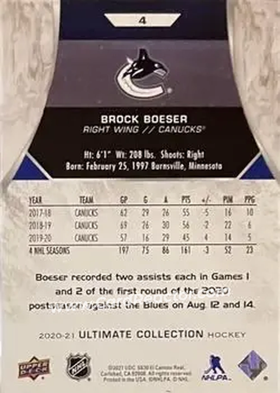 2020-21 Upper Deck Ultimate Collection #4 - Brock Boeser - Vancouver Canucks - Back 2020-21 Upper Deck Ultimate Collection #4 - Brock Boeser - Vancouver Canucks - Back